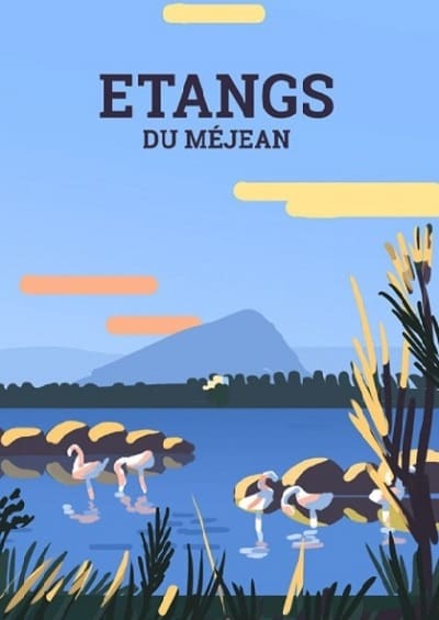 Póster de la ilustradora Laura Gassin de los estanques de Méjean en Montpellier