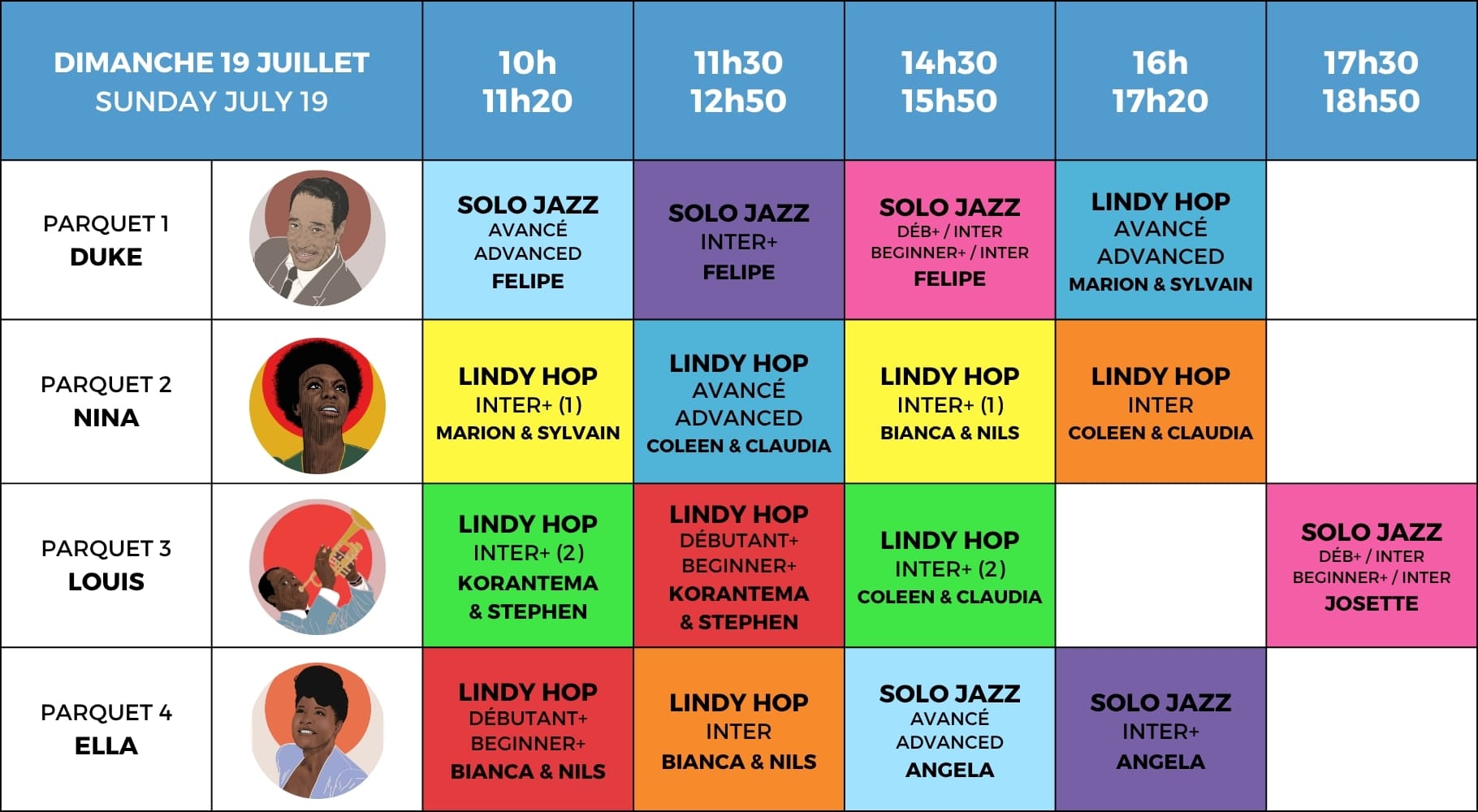 planning des masterclass du dimanche de lindy hop et solo jazz du festival swinging montpellier 2026