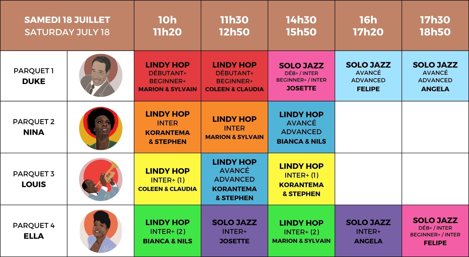 planning des masterclass du samedi de lindy hop et solo jazz du festival swinging montpellier 2026
