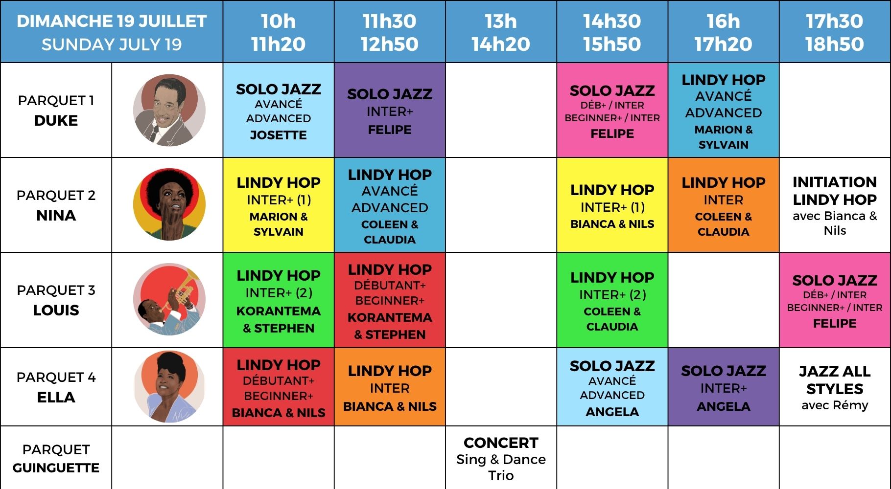 planning des masterclass du dimanche de lindy hop et solo jazz du festival swinging montpellier 2026