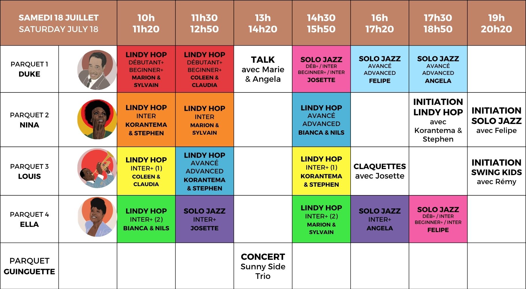 planning des masterclass du samedi de lindy hop et solo jazz du festival swinging montpellier 2026
